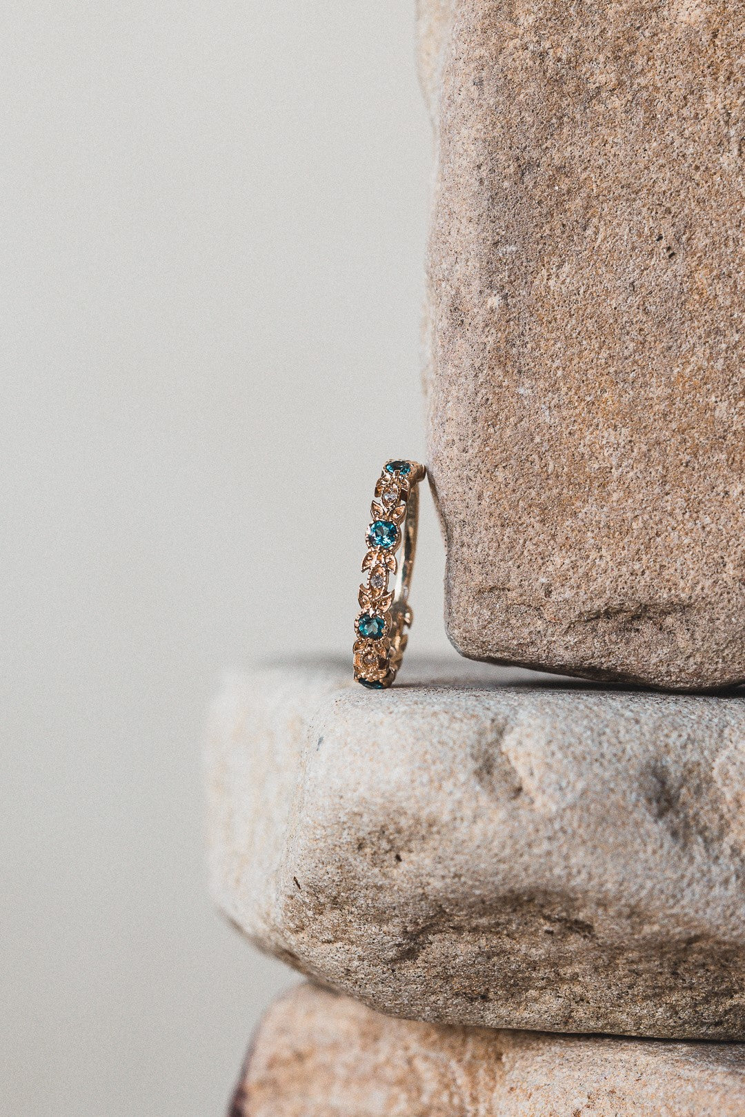 Band of Leaves 9ct solid gold diamond & blue topaz wraparound ring - Love From Laura.