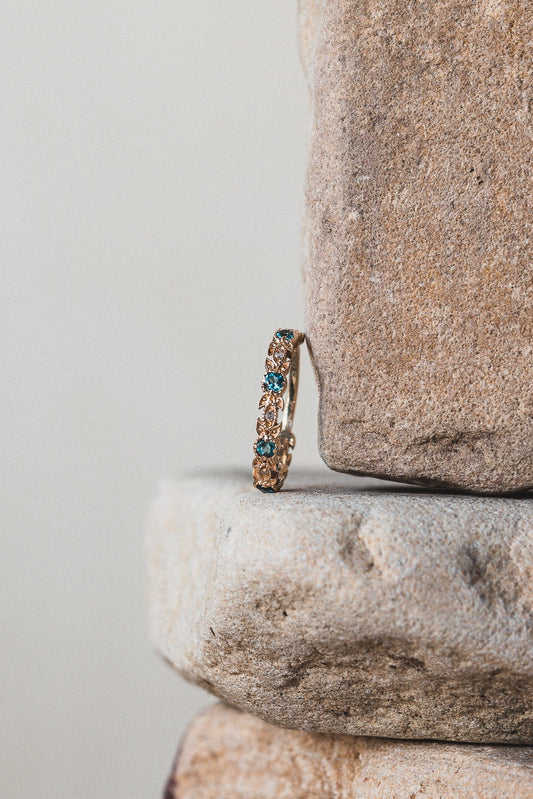 Band of Leaves 9ct solid gold diamond & blue topaz wraparound ring - Love From Laura.